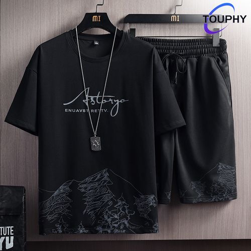 touphy t shirts +shorts 100% cotton men's short sleeve set black touphy t shirts +shorts 100% cotton men's short sleeve set black