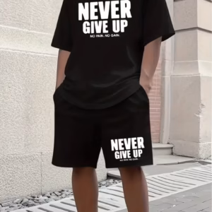 men’s “never give up” crew neck t shirt & casual shorts set