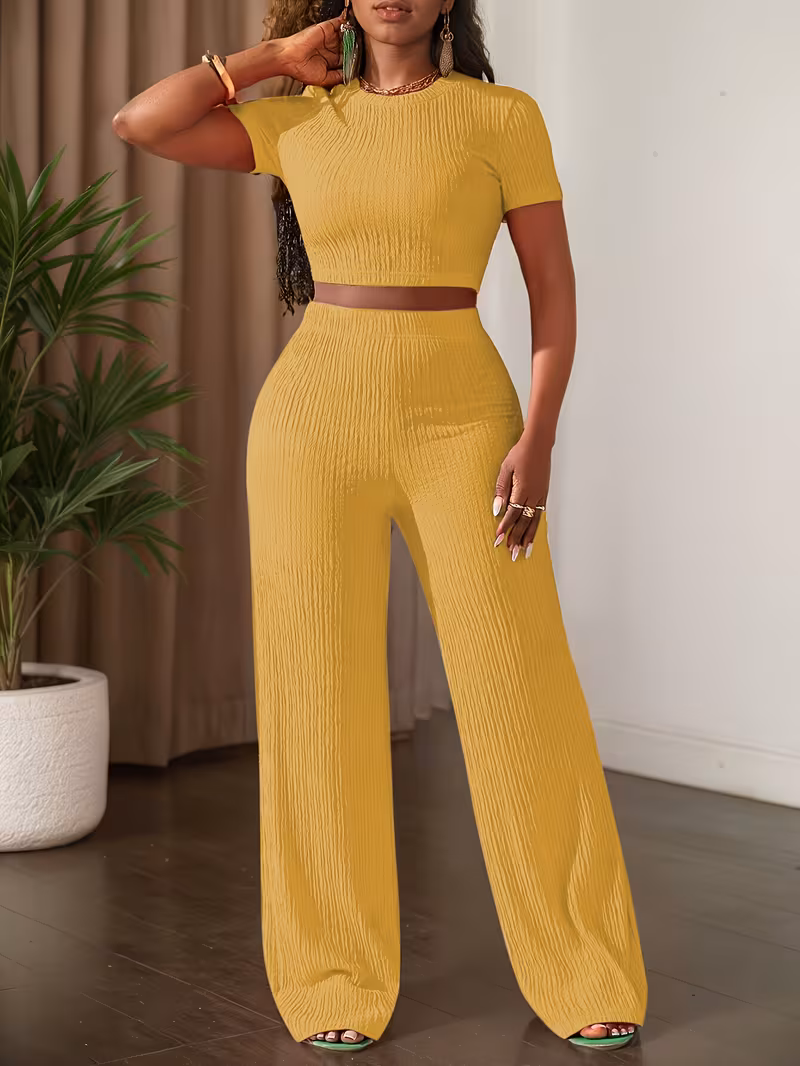 men’s solid color short sleeve top & wide leg pants casual set men’s solid color short sleeve top & wide leg pants casual set