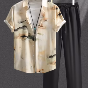 men’s digital print short sleeve shirt & black trousers set