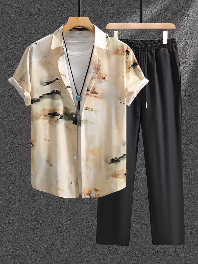 men’s digital print short sleeve shirt & black trousers set men’s digital print short sleeve shirt & black trousers set
