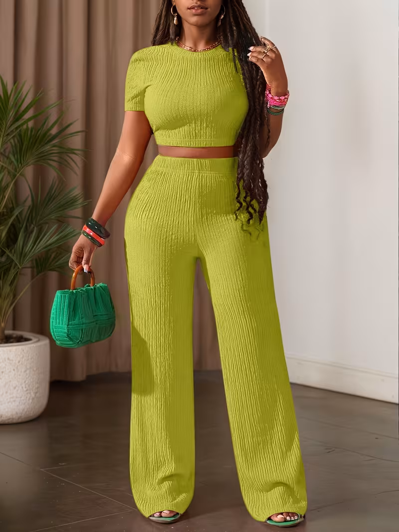 men’s solid color short sleeve top & wide leg pants casual set men’s solid color short sleeve top & wide leg pants casual set