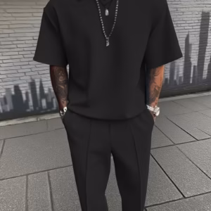 men’s solid color short sleeve shirt & long pants casual set