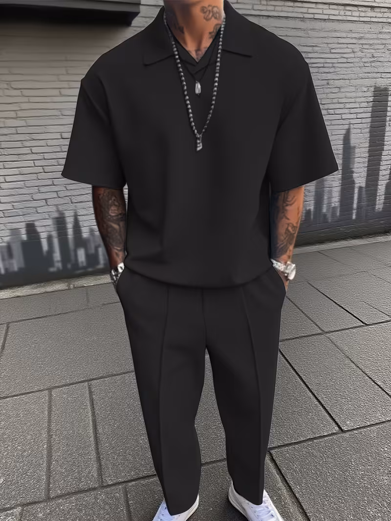 men’s solid color short sleeve shirt & long pants casual set men’s solid color short sleeve shirt & long pants casual set